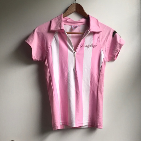 In Your Face Pink Striped 1/2 Zip Polo Bowling Top - Picture 2 of 10